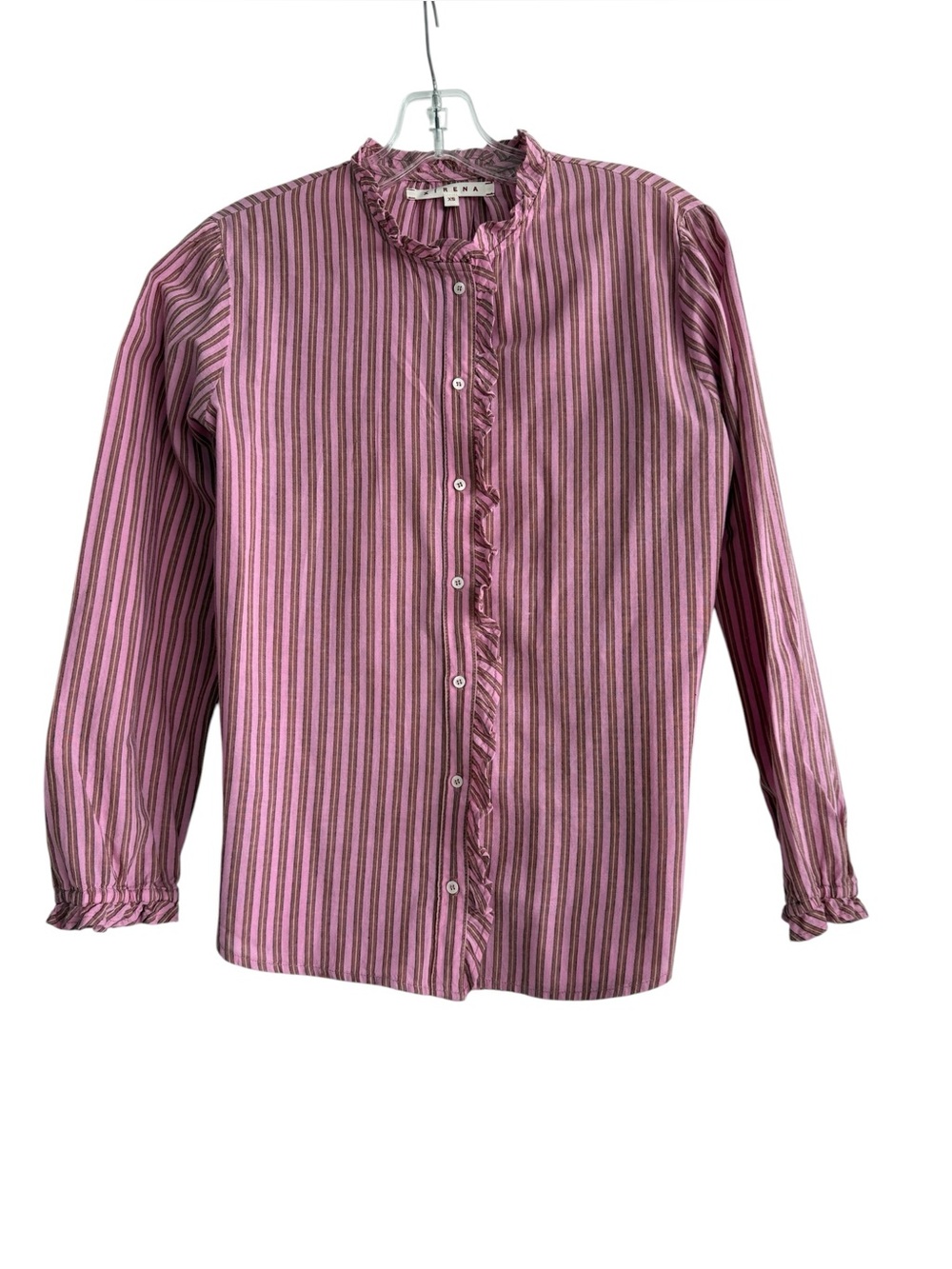 XiRENA Striped Ruffle Blouse XS Pink Brown Cream 100% Cotton USA